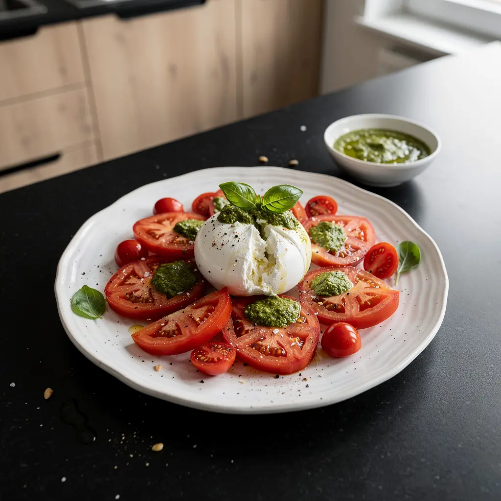 Ensalada de burrata, tomates y pesto de albahaca