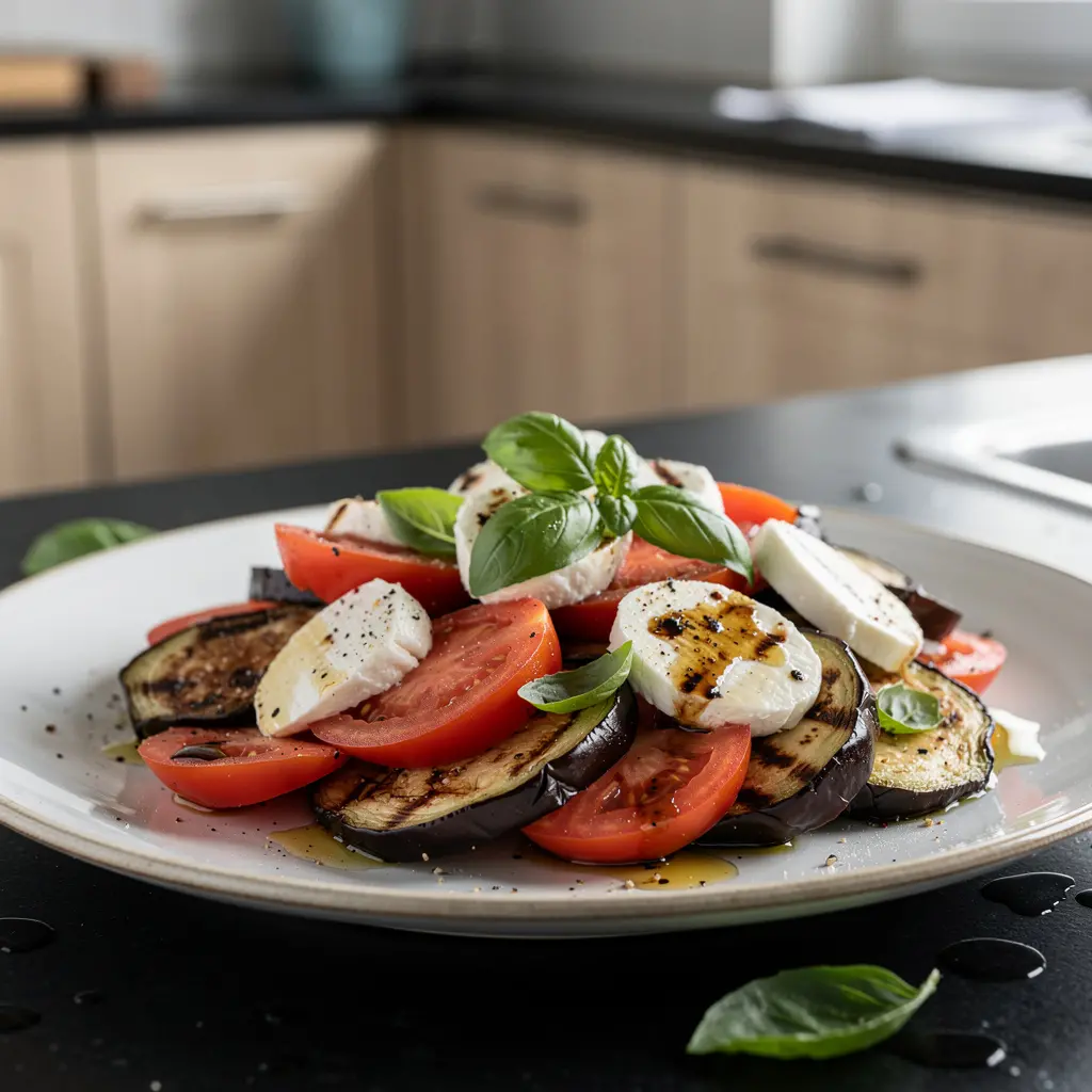 Sałatka z grillowanym bakłażanem, pomidorami i mozzarellą