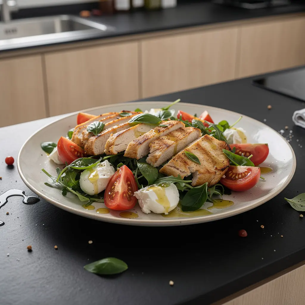 Sałatka z grillowanym kurczakiem, pomidorami i mozzarellą