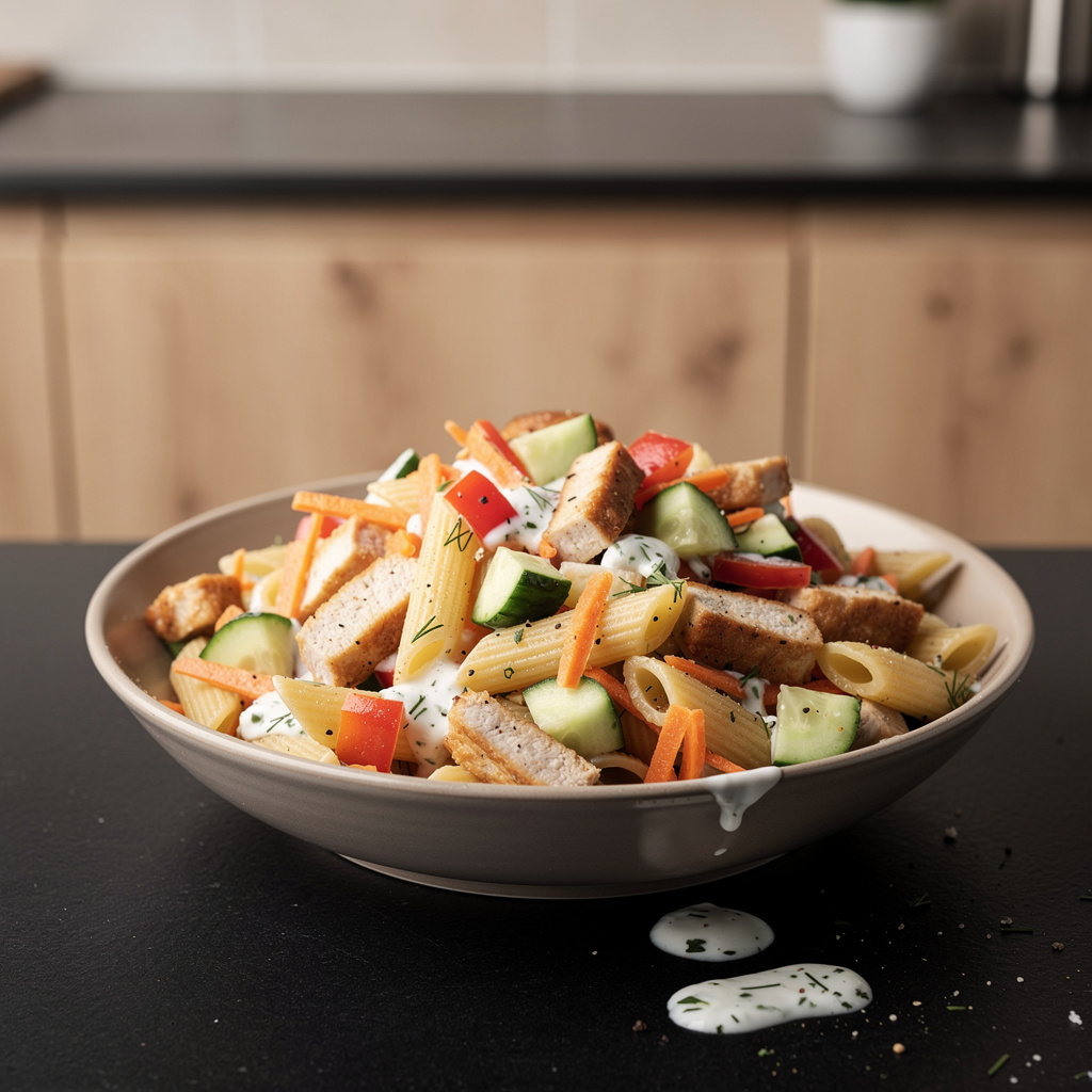 Turkey, Pasta and Vegetable Salad with Yogurt-Lemon Dressing