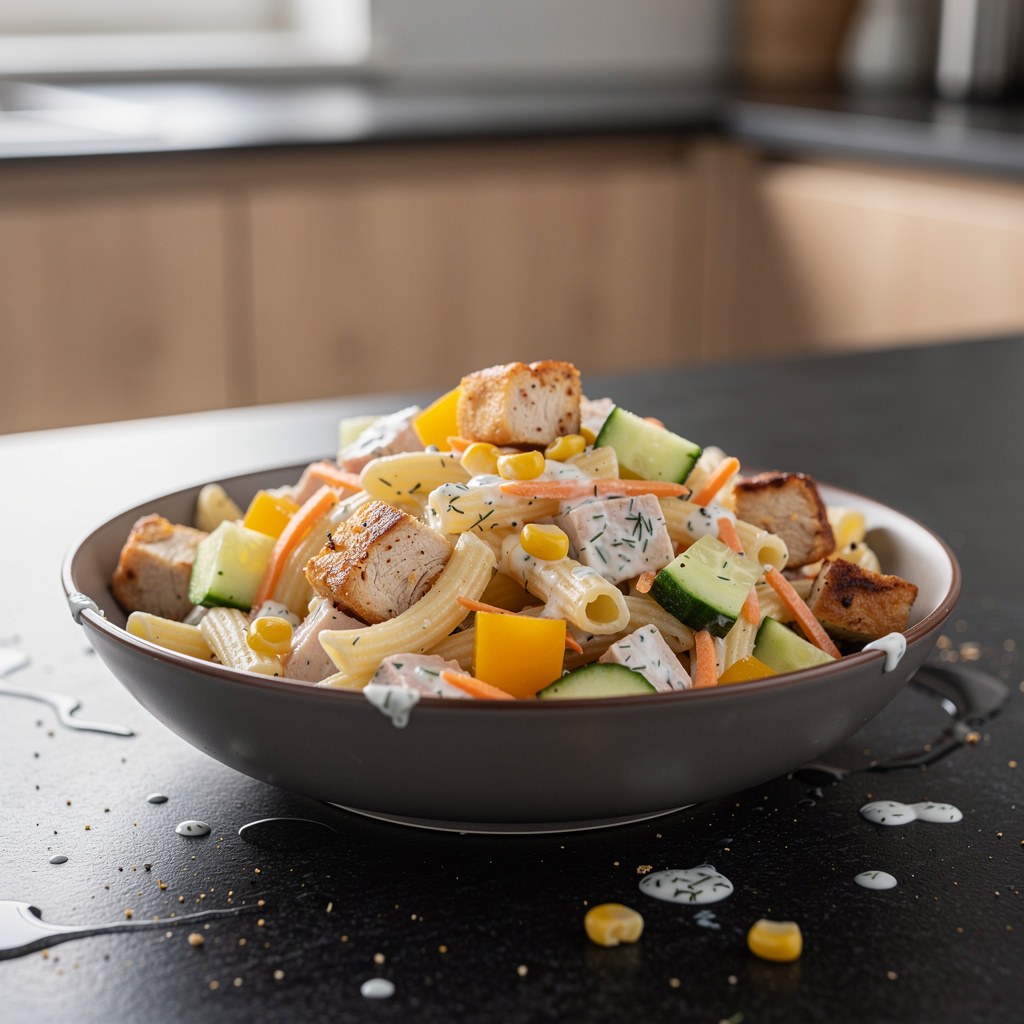 Turkey, Pasta and Vegetable Salad with Yogurt-Dill Dressing