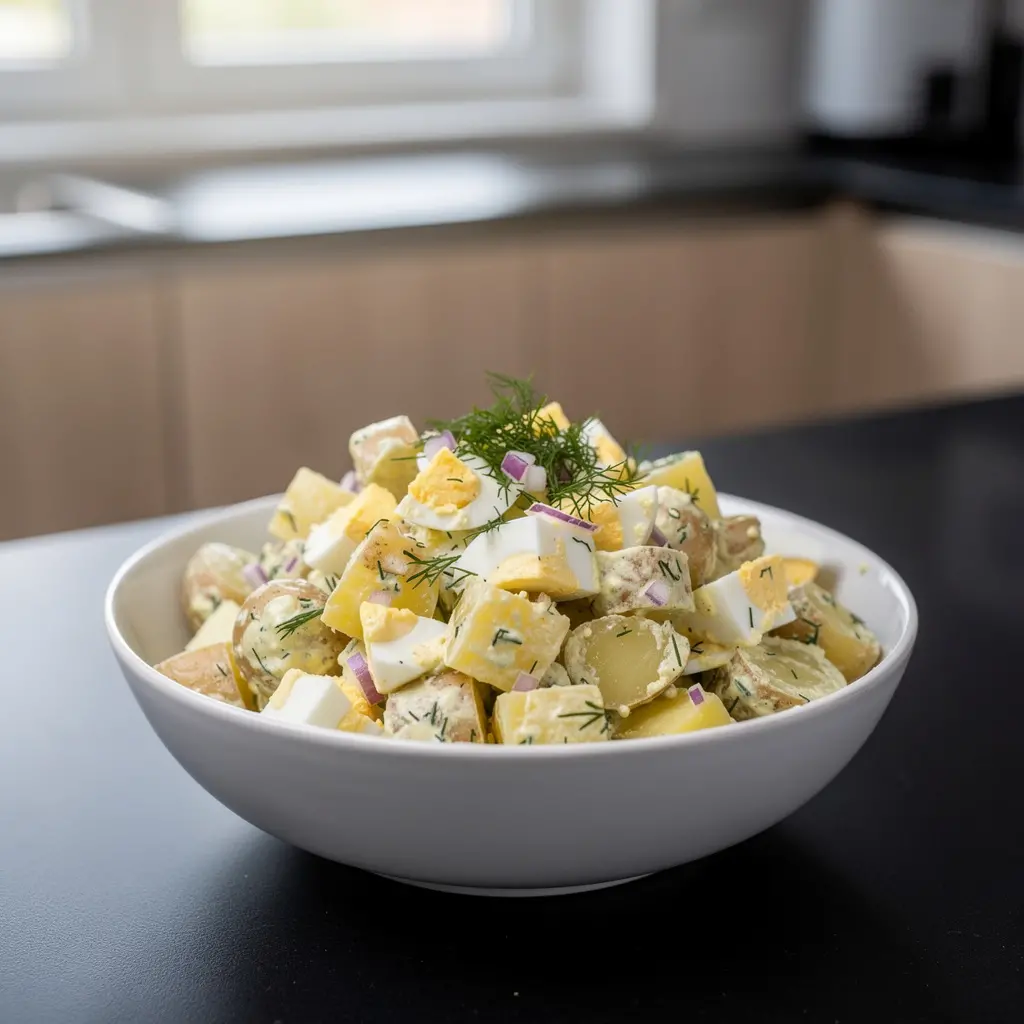 Ensalada con huevo, patatas y pepinillo fermentado