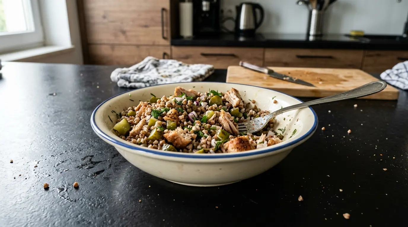 Sałatka z kaszy gryczanej z kurczakiem i ogórkiem kiszonym