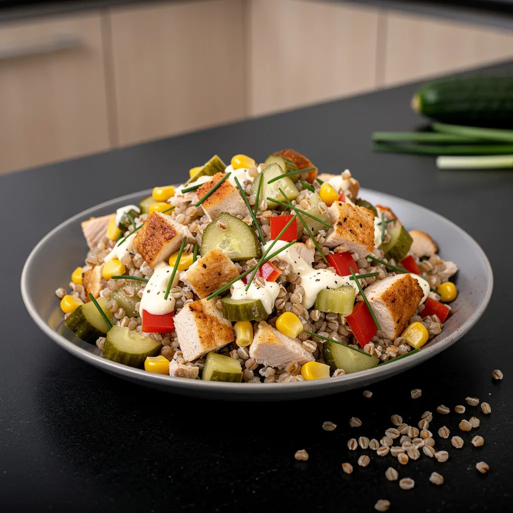 Sałatka z kaszy gryczanej z kurczakiem i ogórkiem kiszonym