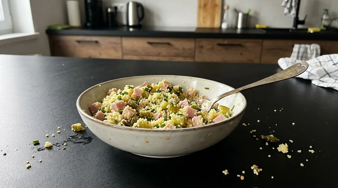 Sałatka z kaszy kuskus z ogórkiem kiszonym i szynką