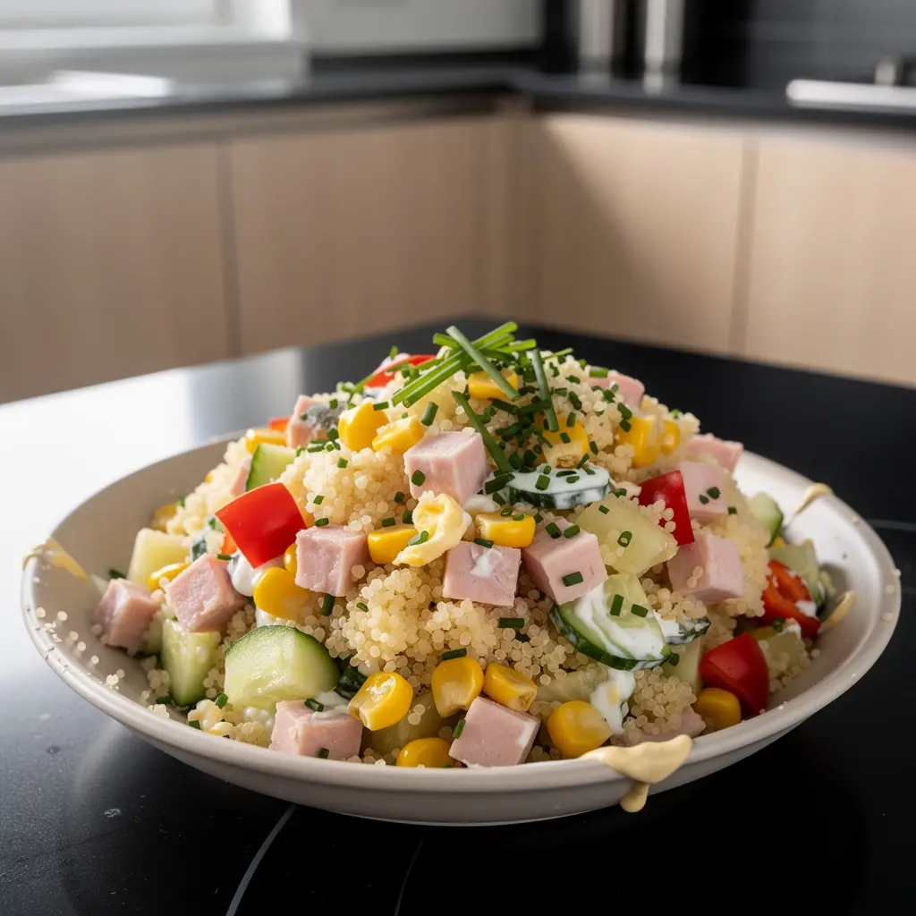 Sałatka z kaszy kuskus z ogórkiem kiszonym i szynką