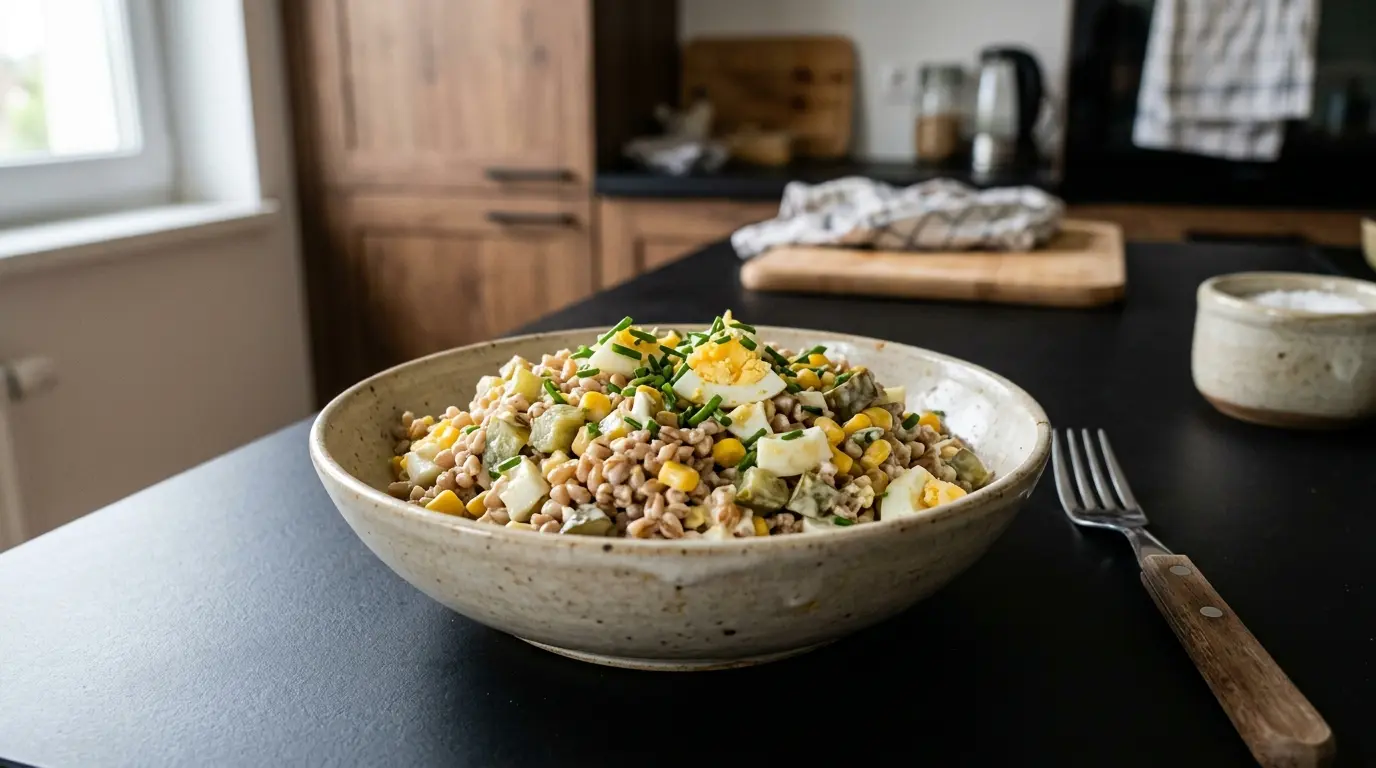 Sałatka z kaszy orkiszowej z ogórkiem kiszonym i jajkiem