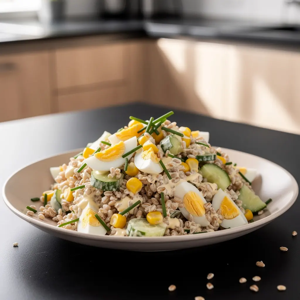 Sałatka z kaszy orkiszowej z ogórkiem kiszonym i jajkiem