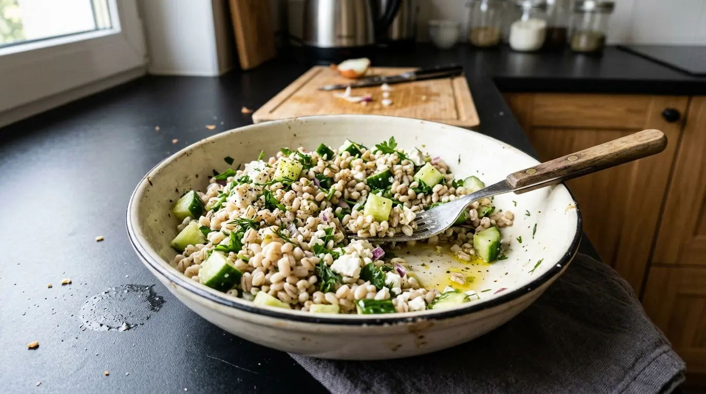 Sałatka z kaszy pęczak z ogórkiem i fetą