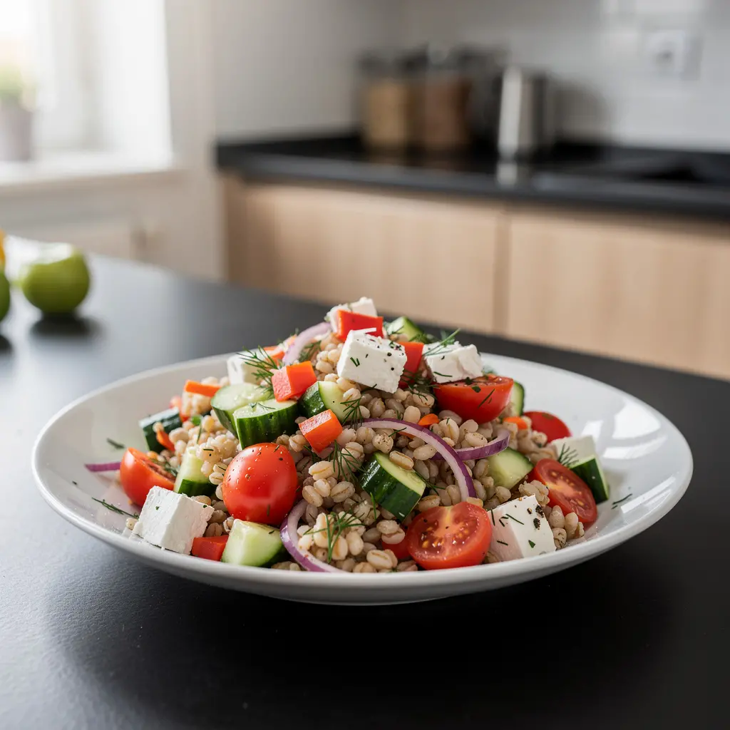 Pearl barley salad with cucumber and feta