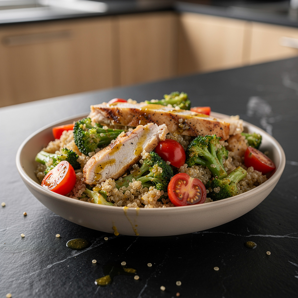 Sałatka z komosą ryżową, kurczakiem i brokułem po amerykańsku