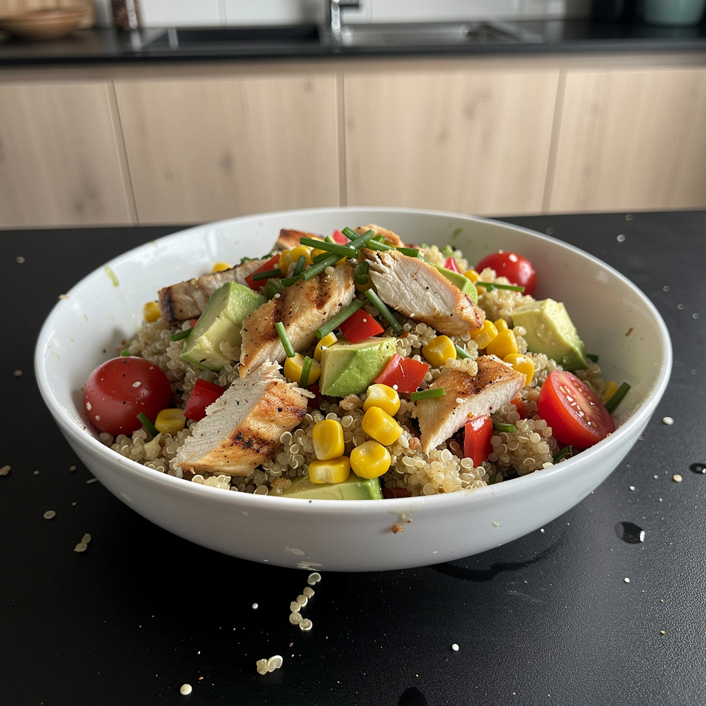 Sałatka z komosą ryżową, kurczakiem i warzywami w sosie limonkowym