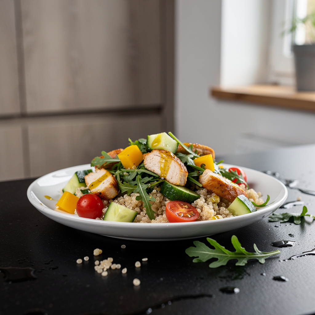 Sałatka z komosą ryżową, kurczakiem i warzywami w sosie miodowo-musztardowym