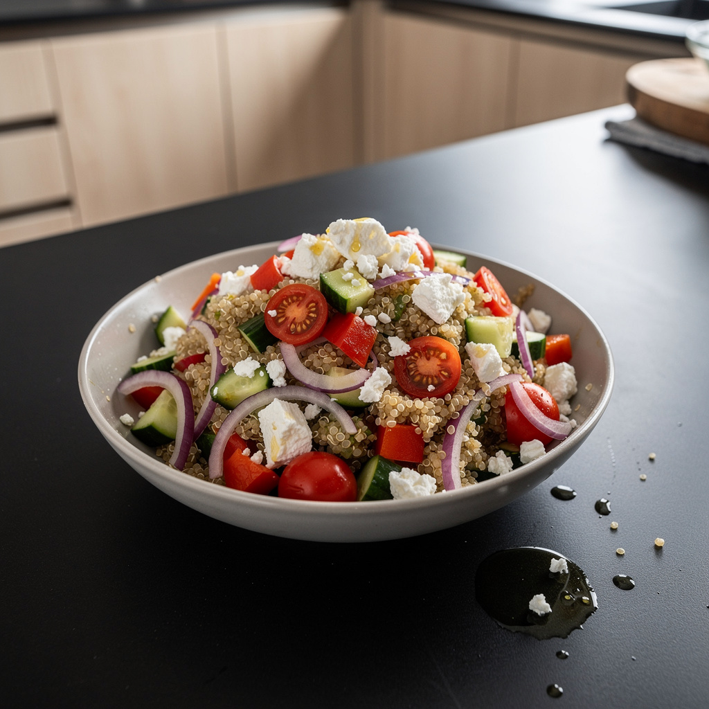 Sałatka z komosą ryżową, warzywami i fetą