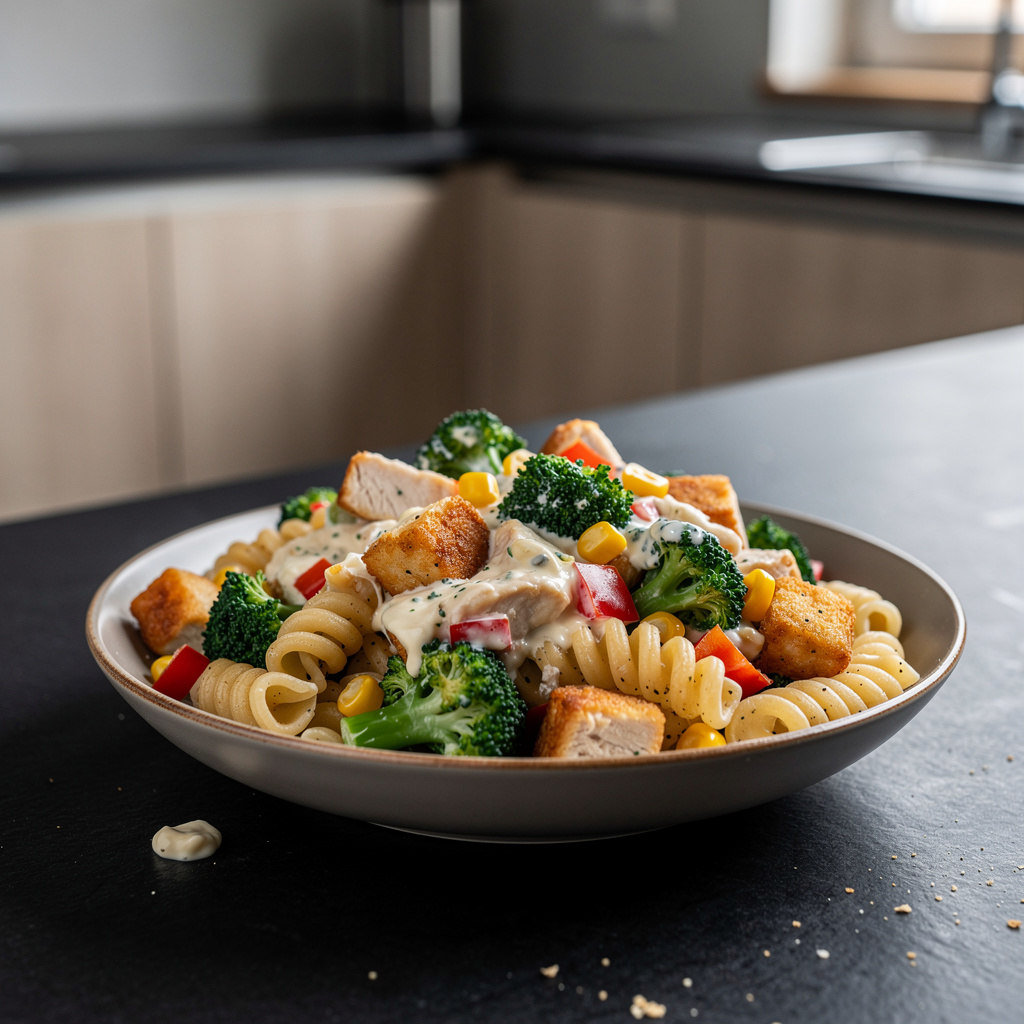 Sałatka z kurczakiem, makaronem i brokułem w sosie czosnkowym