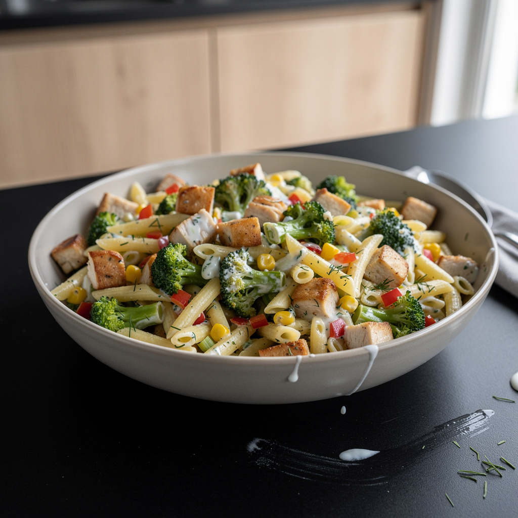 Sałatka z kurczakiem, makaronem i brokułem w sosie limonkowo-jogurtowym