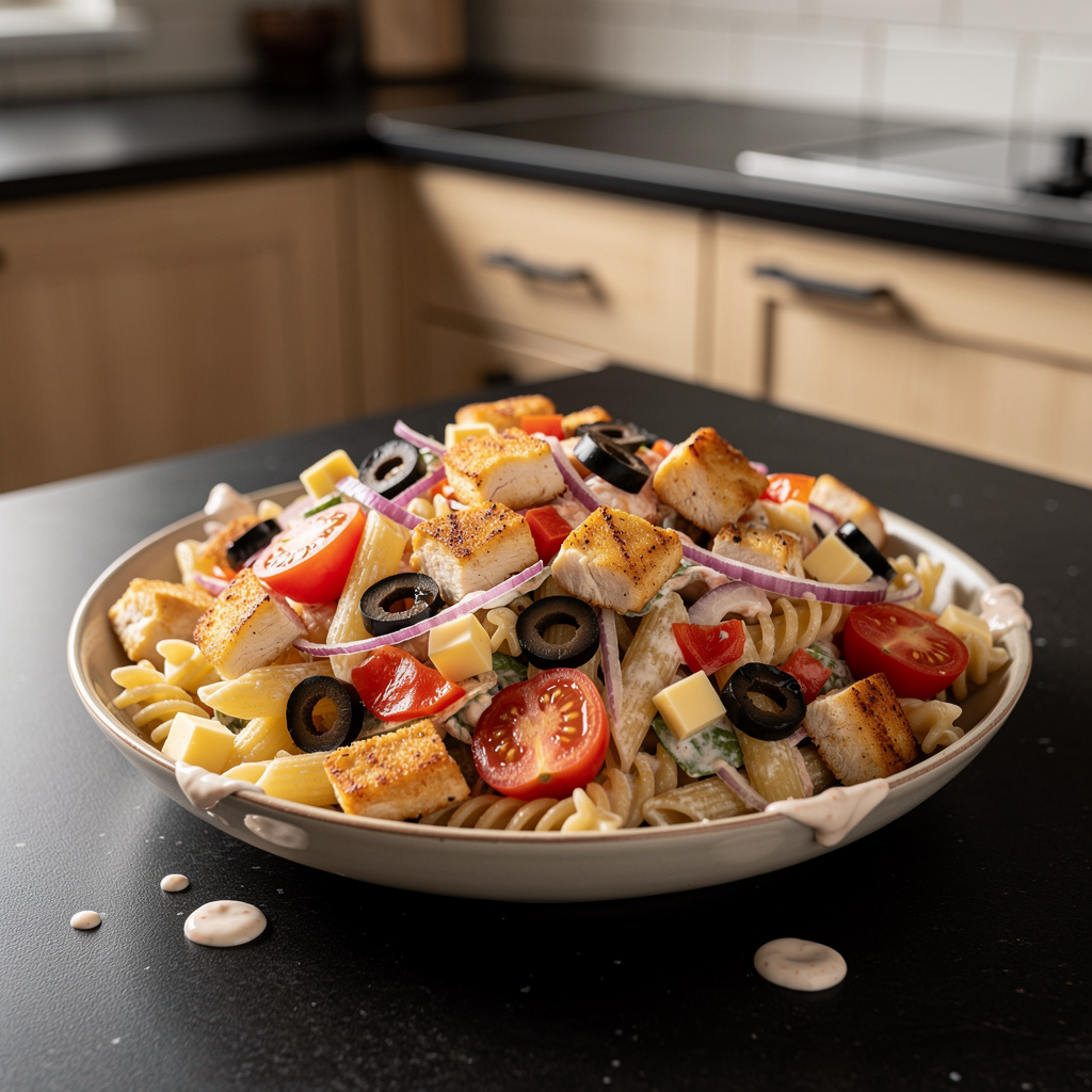 Sałatka z kurczakiem, makaronem i oliwkami