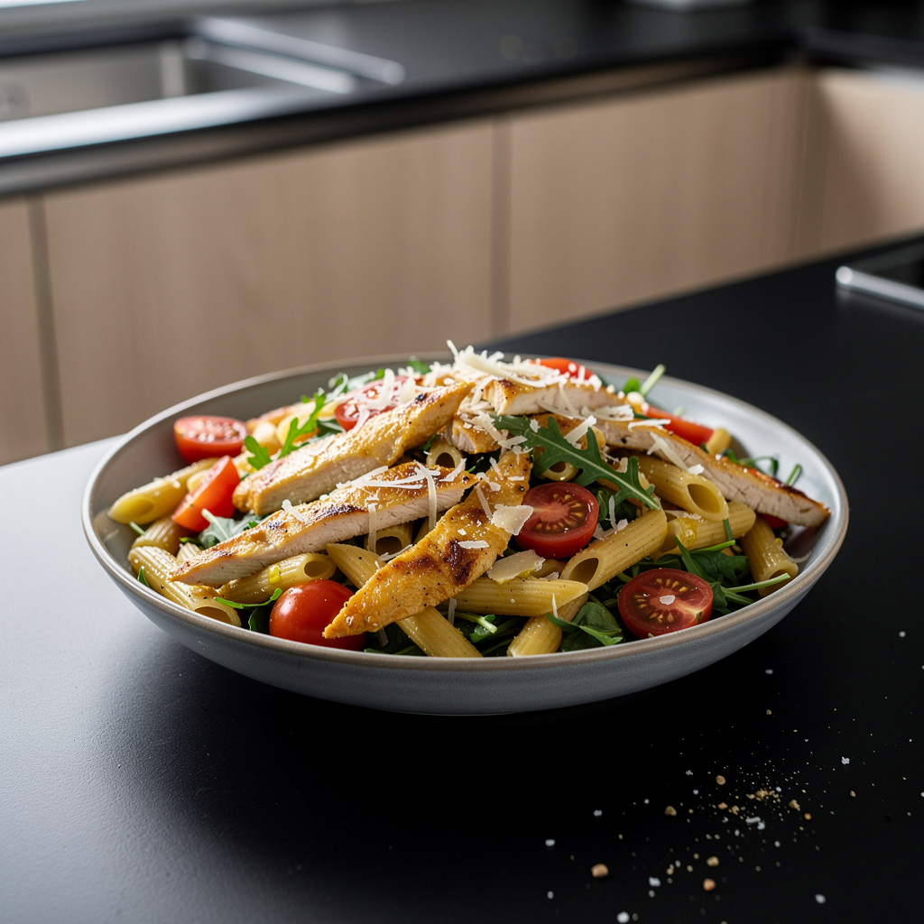 American-Style Chicken, Pasta, and Arugula Salad