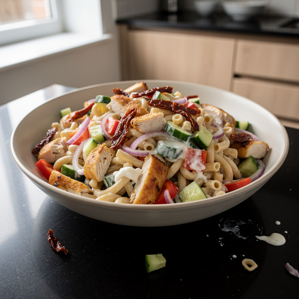 Sałatka z kurczakiem, makaronem i suszonymi pomidorami