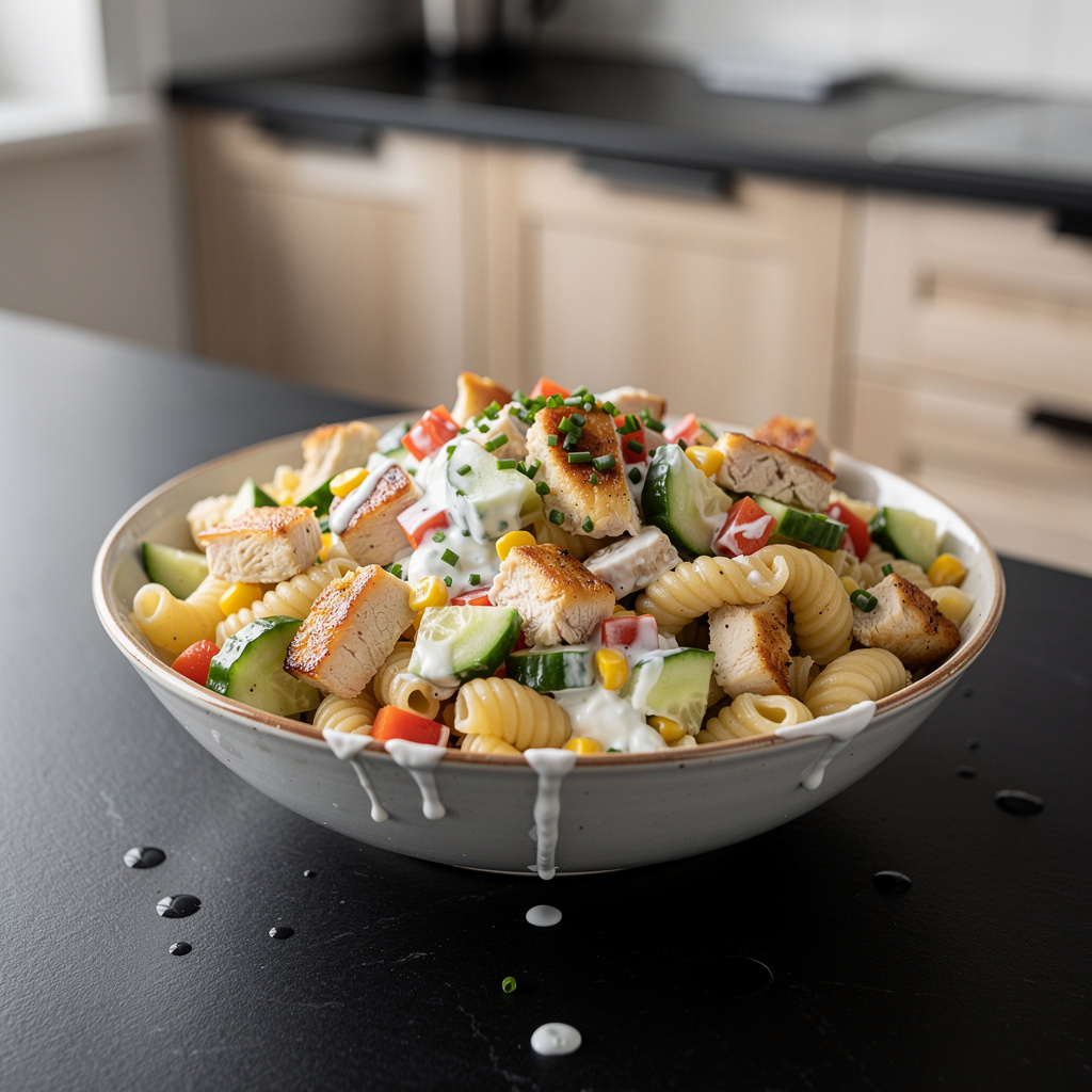 Sałatka z kurczakiem, makaronem i warzywami w sosie jogurtowym