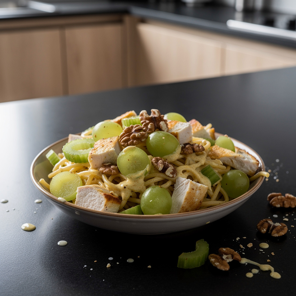 Sałatka z kurczakiem, winogronami i makaronem po amerykańsku z curry