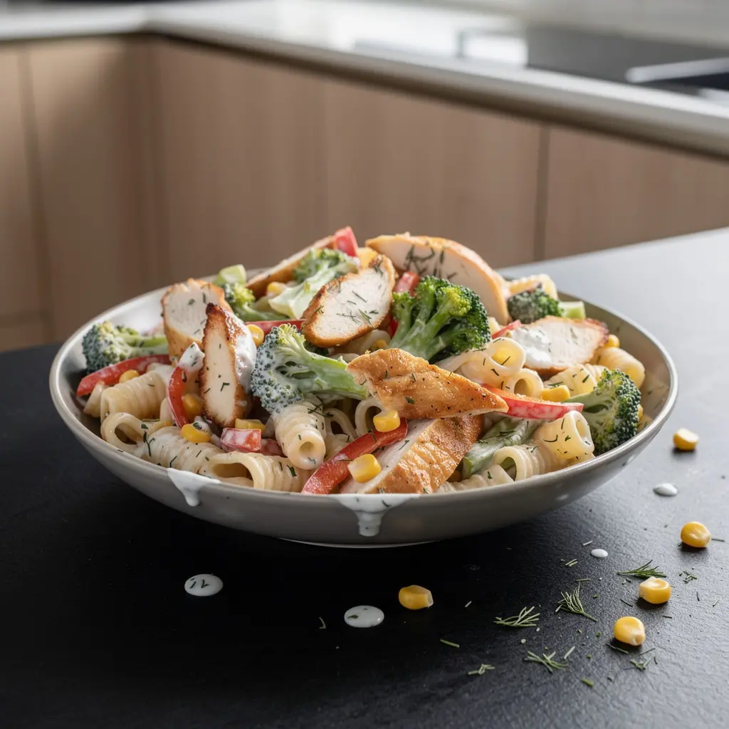 Pasta Salad with Chicken and Broccoli in Yogurt Dressing