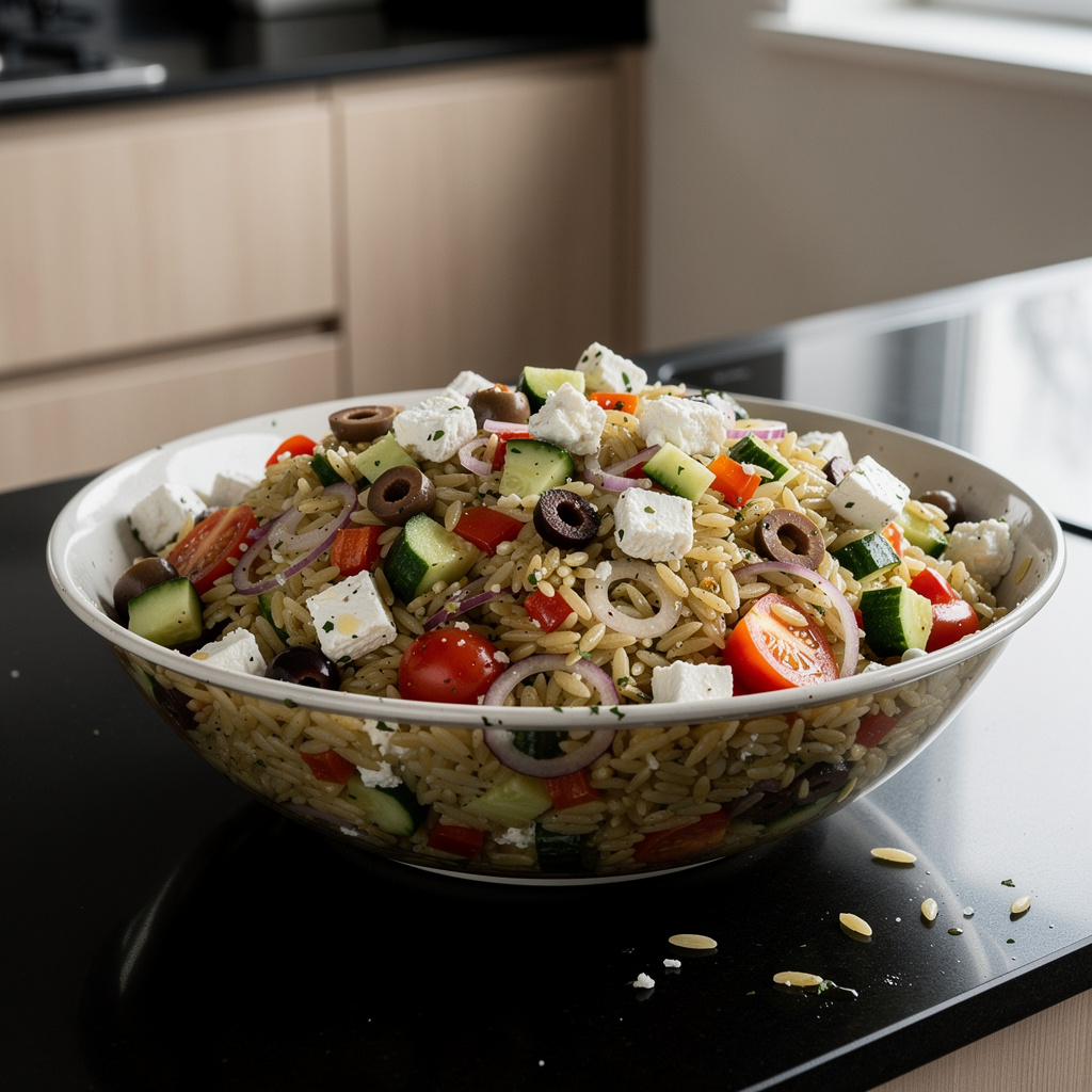 Sałatka z makaronem orzo, fetą i warzywami po amerykańsku