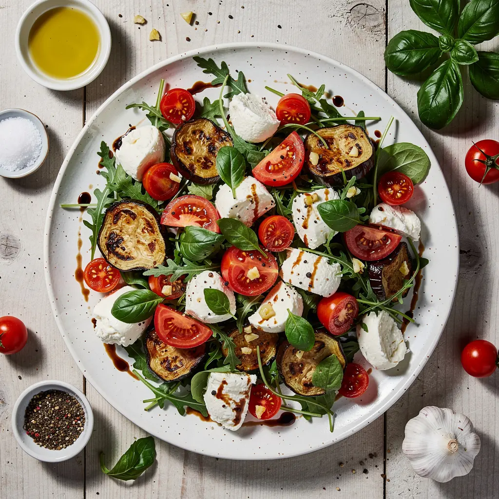 Sałatka z mozzarellą, pieczonym bakłażanem i pomidorami