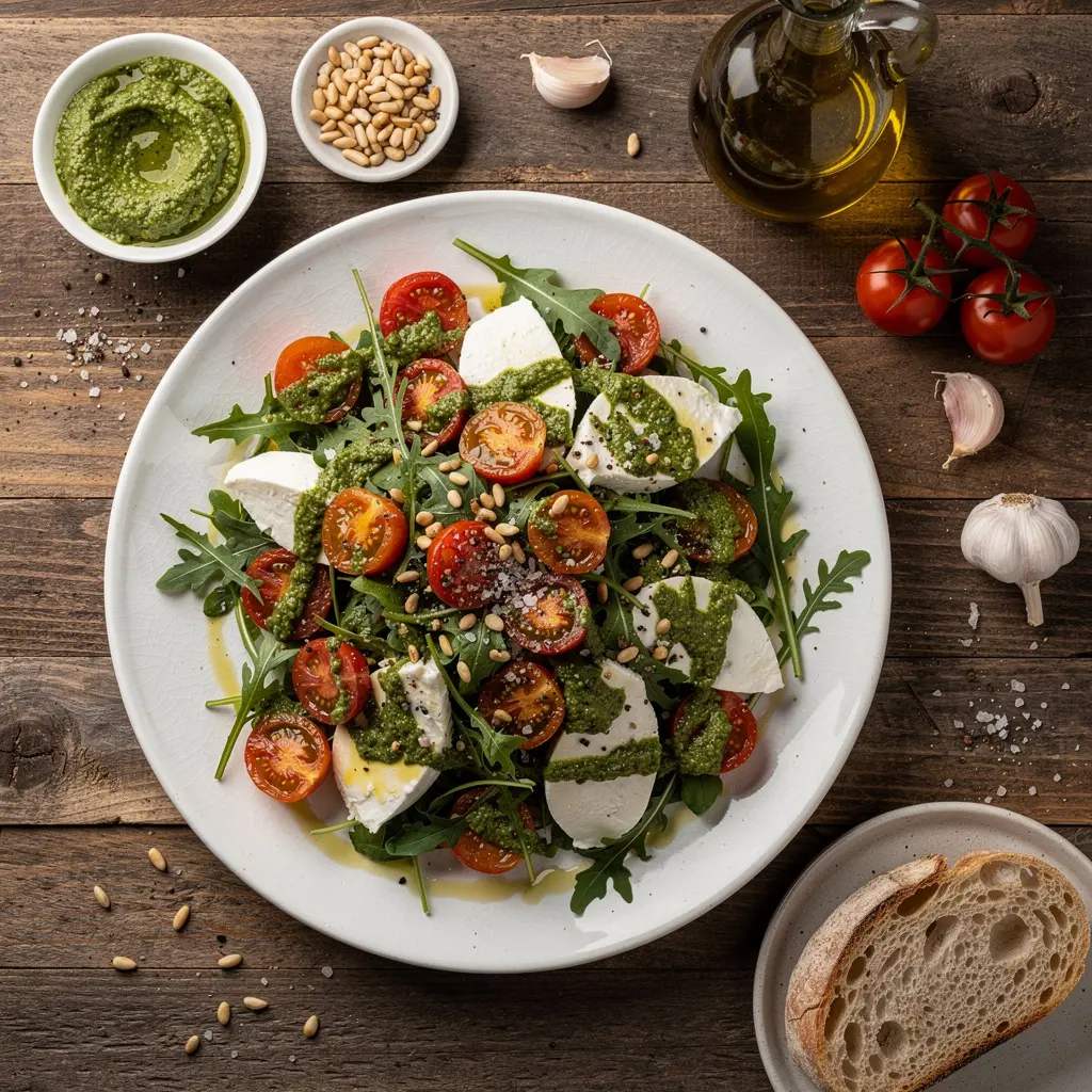 Sałatka z mozzarellą, pieczonymi pomidorami i pesto
