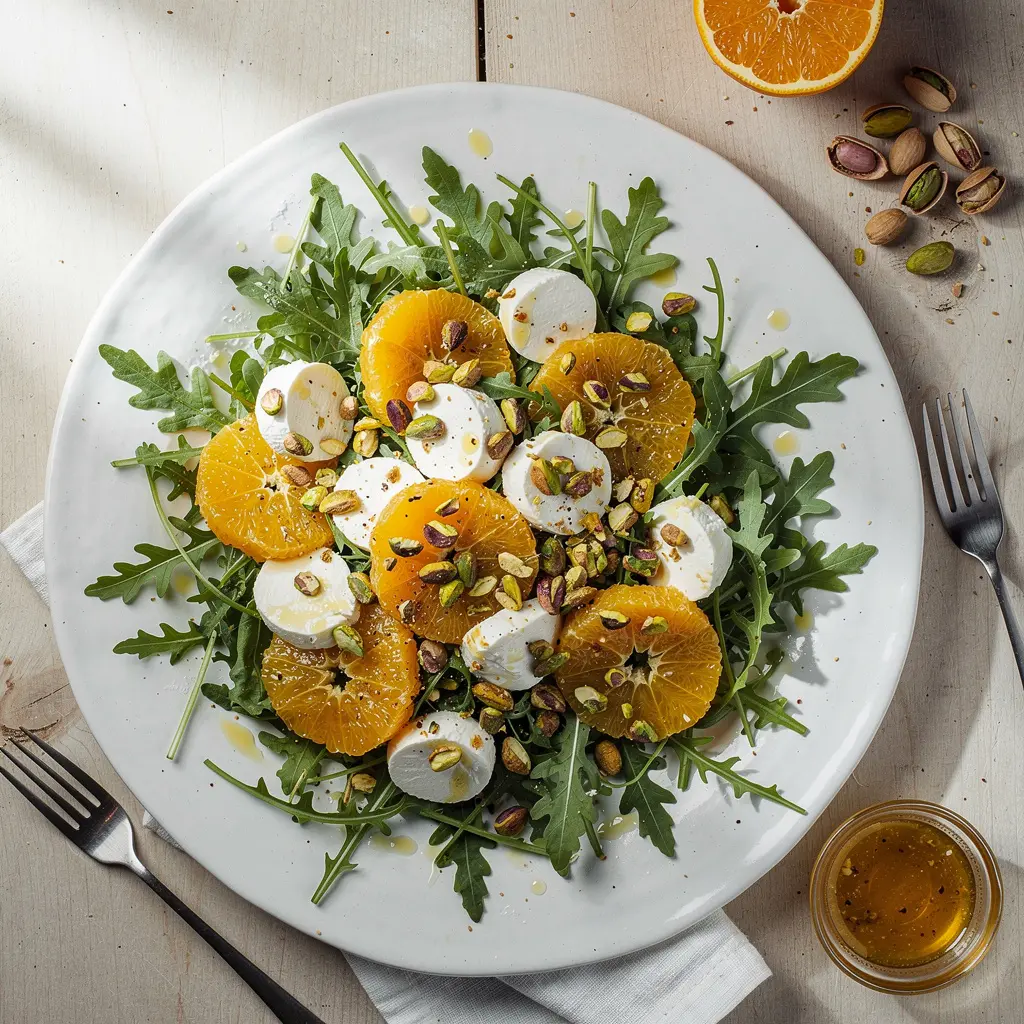 Sałatka z mozzarellą, pomarańczą i pistacjami