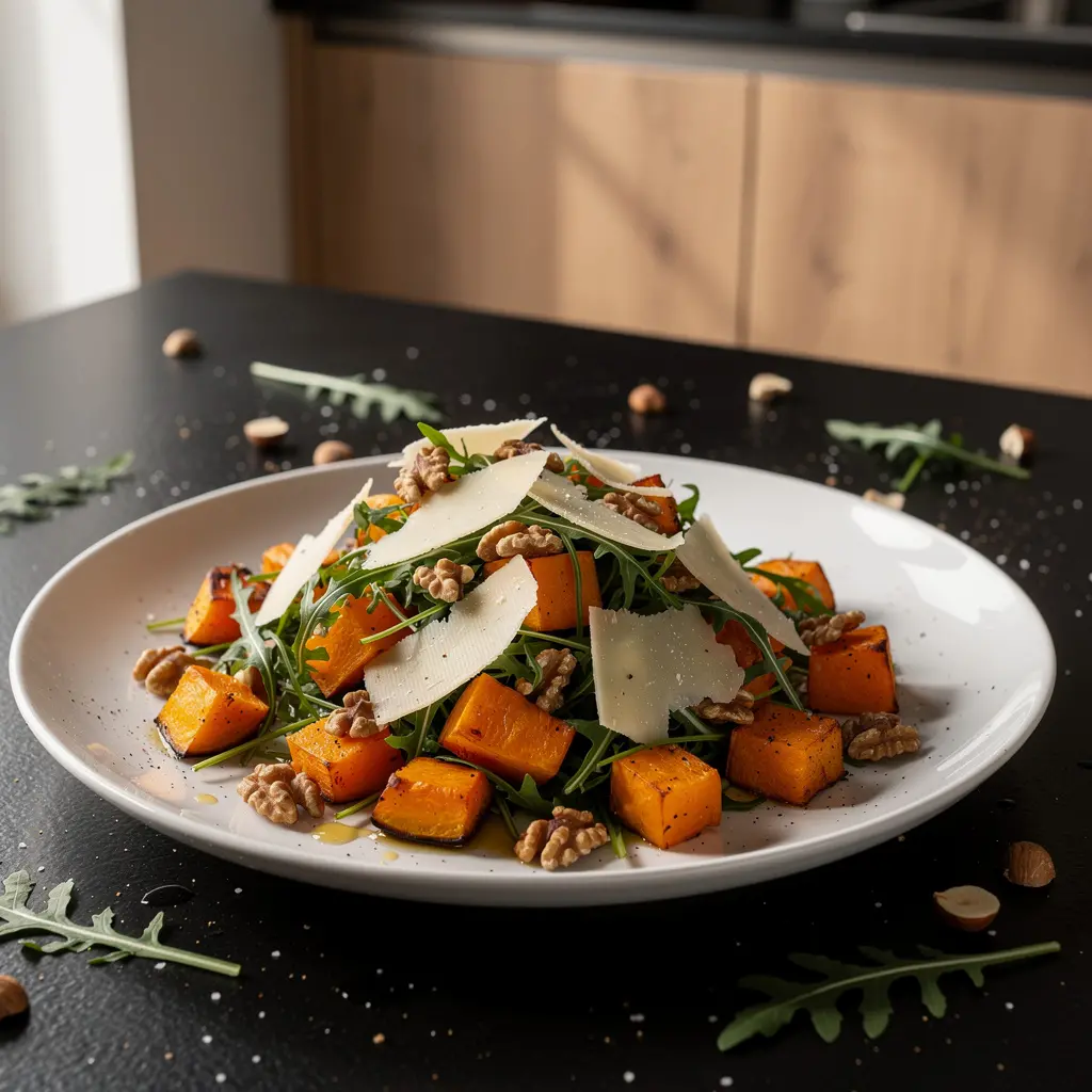 Sałatka z pieczoną dynią, rukolą i serem pecorino