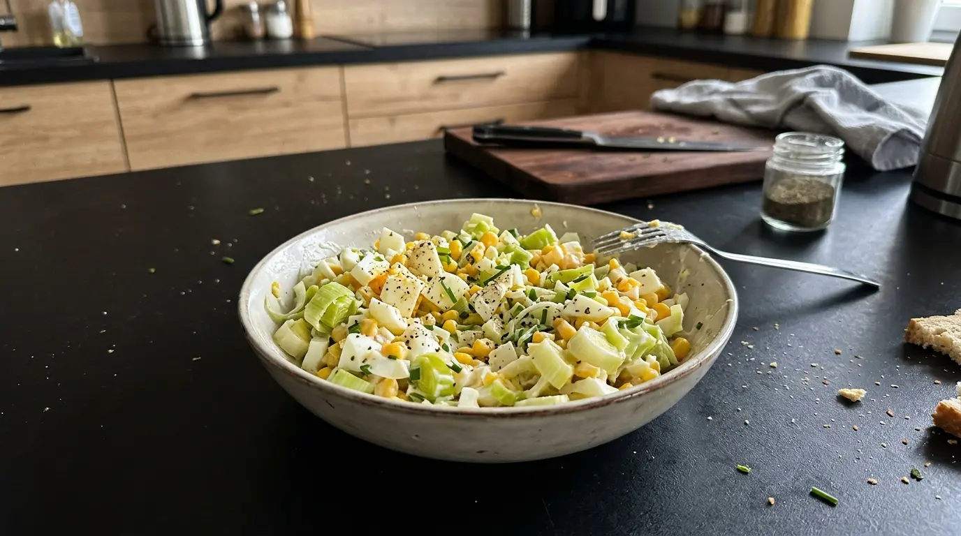 Sałatka z pora, jajka i kukurydzy