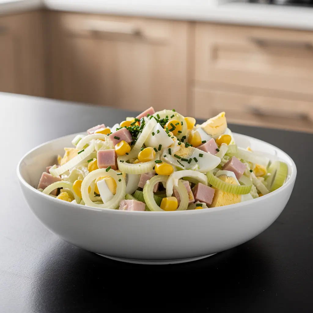 Sałatka z pora, jajka i kukurydzy