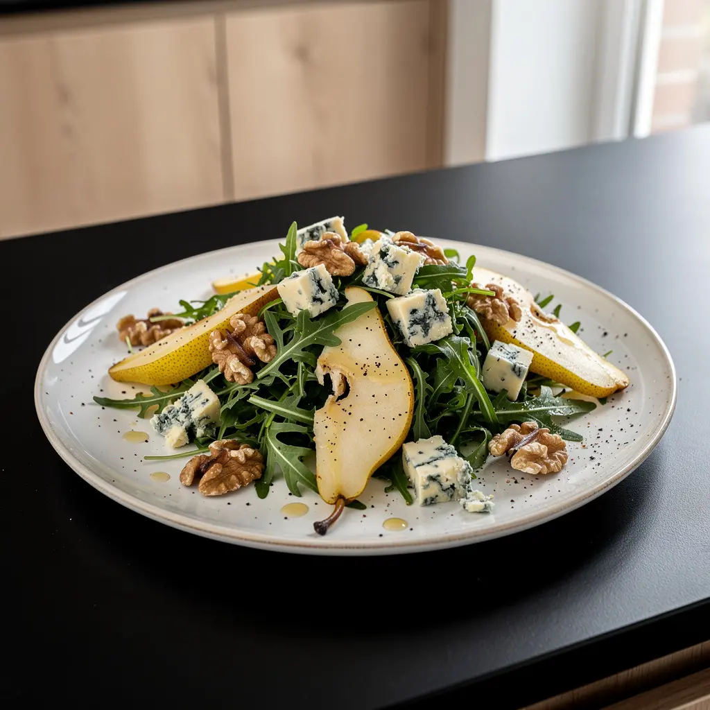 Sałatka z rukoli, gruszki i orzechów włoskich z serem pleśniowym