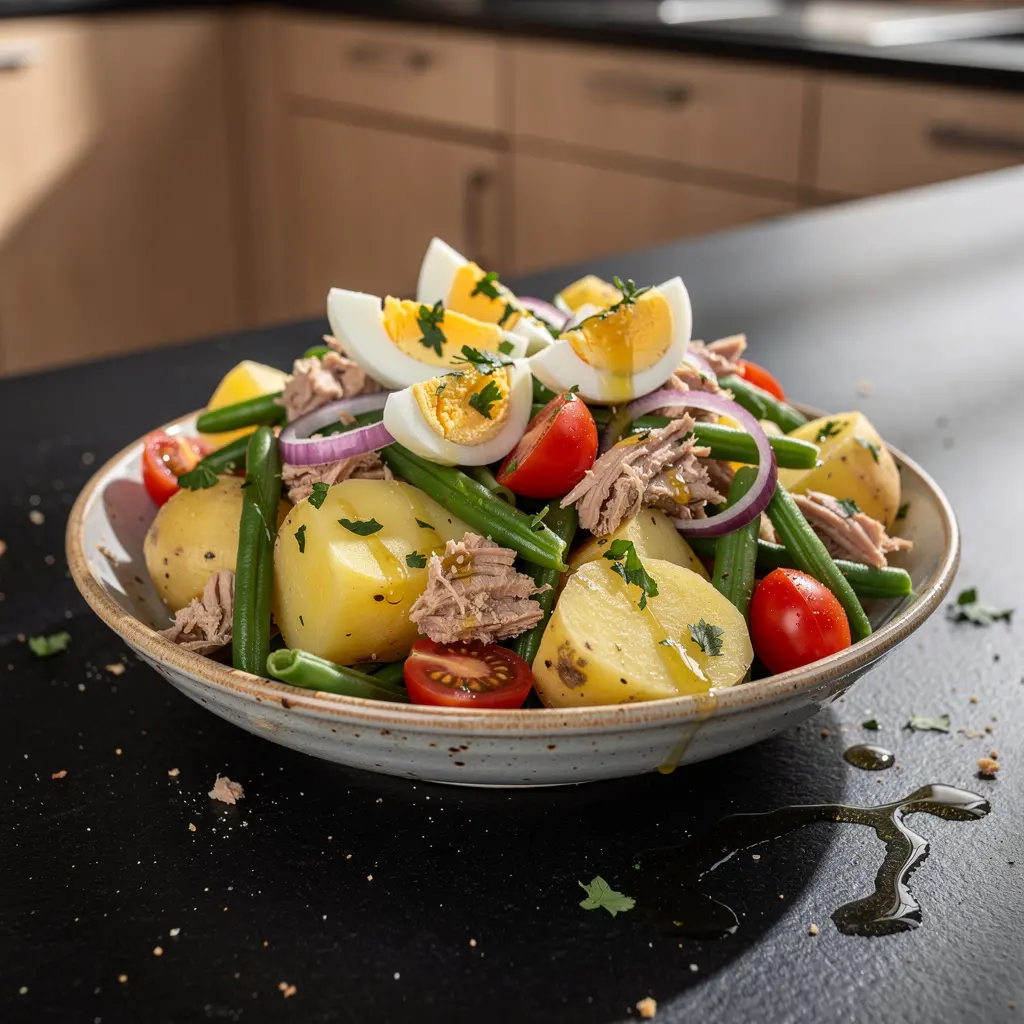 Sałatka z tuńczykiem, jajkiem i fasolką szparagową