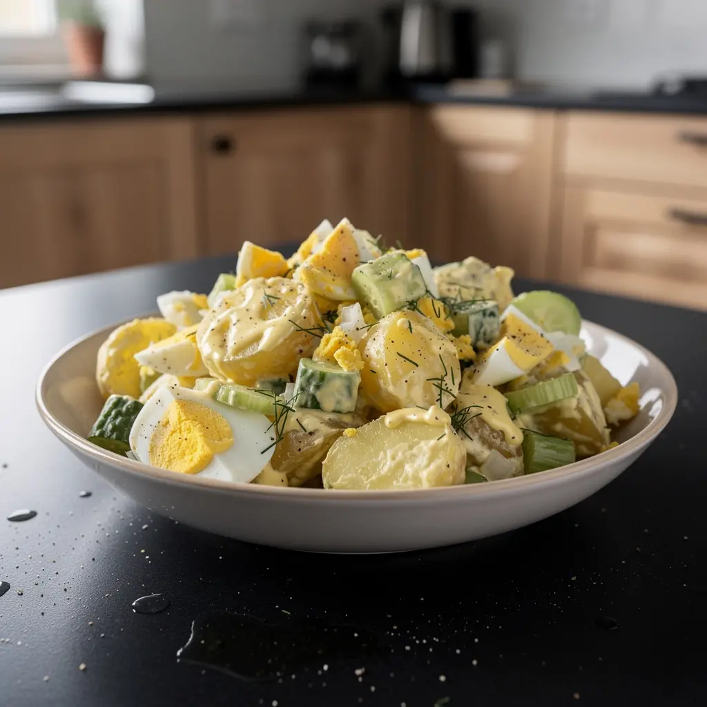 Ensalada de patata al estilo americano con huevo y pepinillo