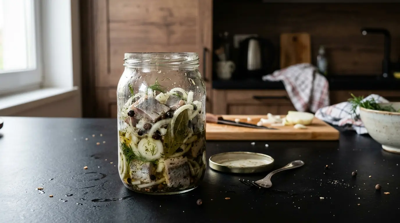 Śledzie w oleju z cebulą i zielem angielskim