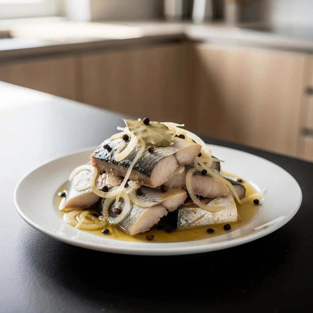 Śledzie w oleju z cebulą i zielem angielskim