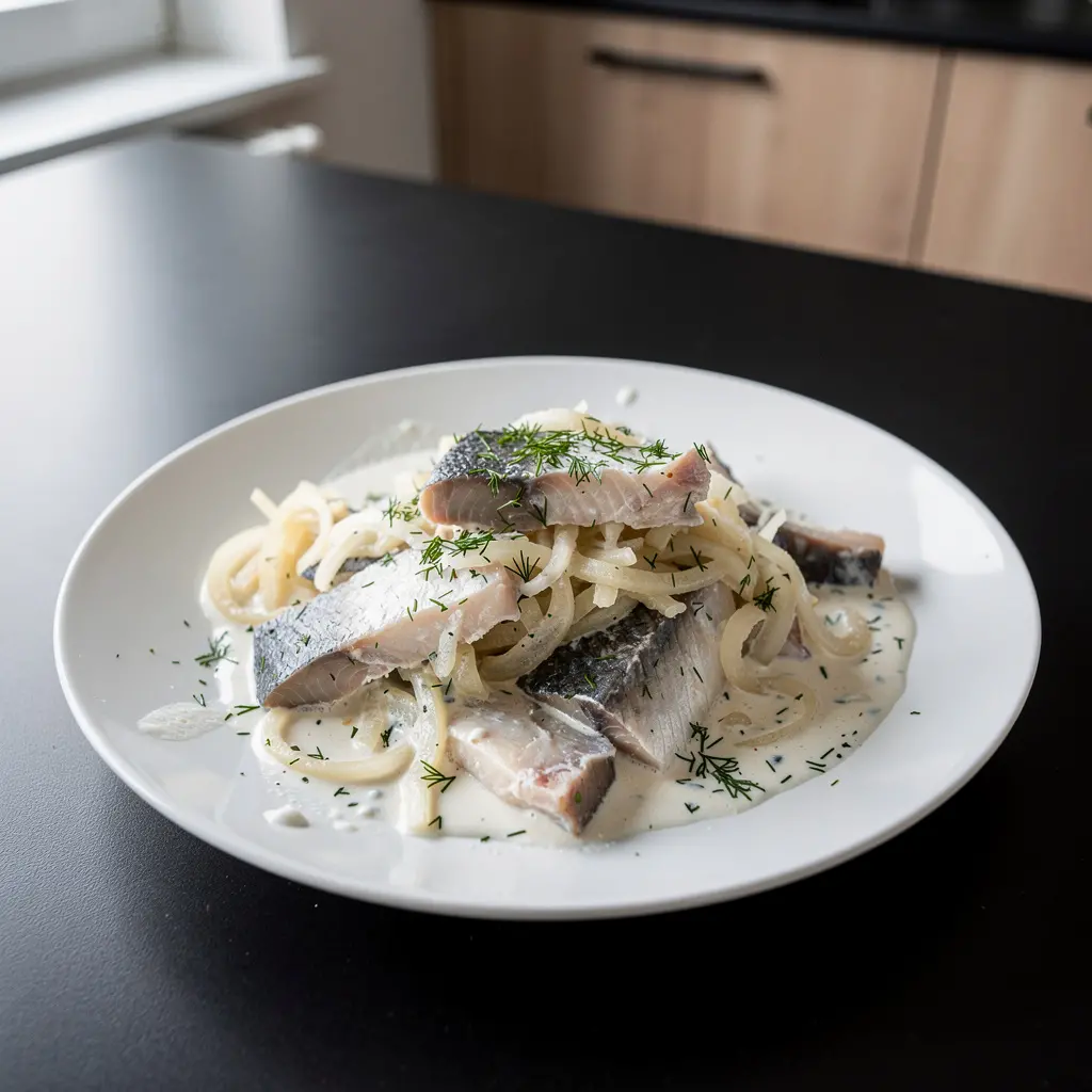 Śledzie w śmietanie z jabłkiem i cebulą