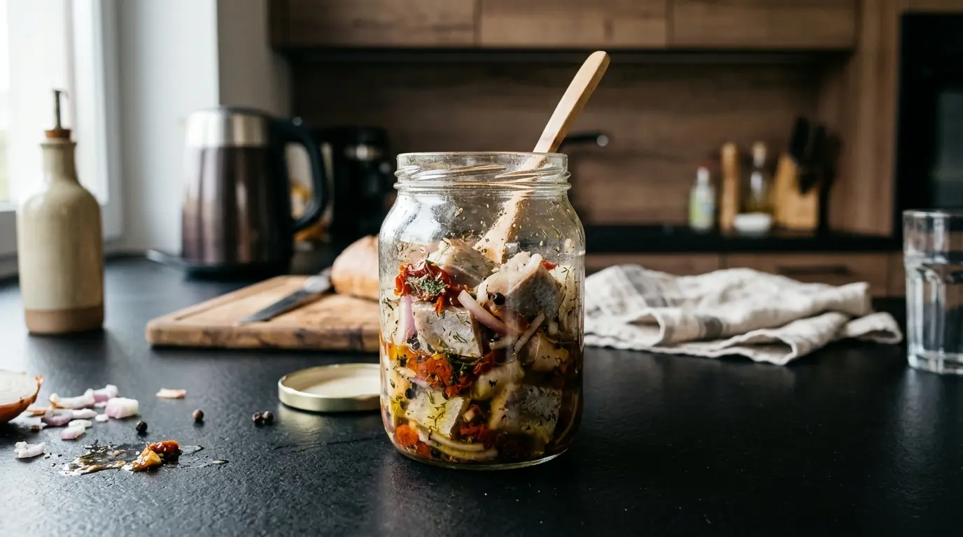 Śledzie z suszonymi pomidorami i cebulą