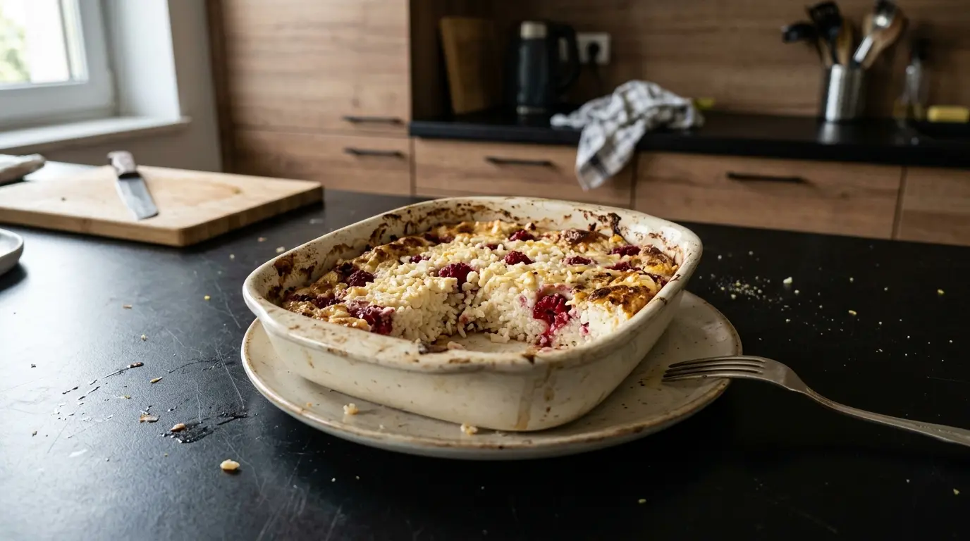 Słodka zapiekanka ryżowa z twarogiem i malinami