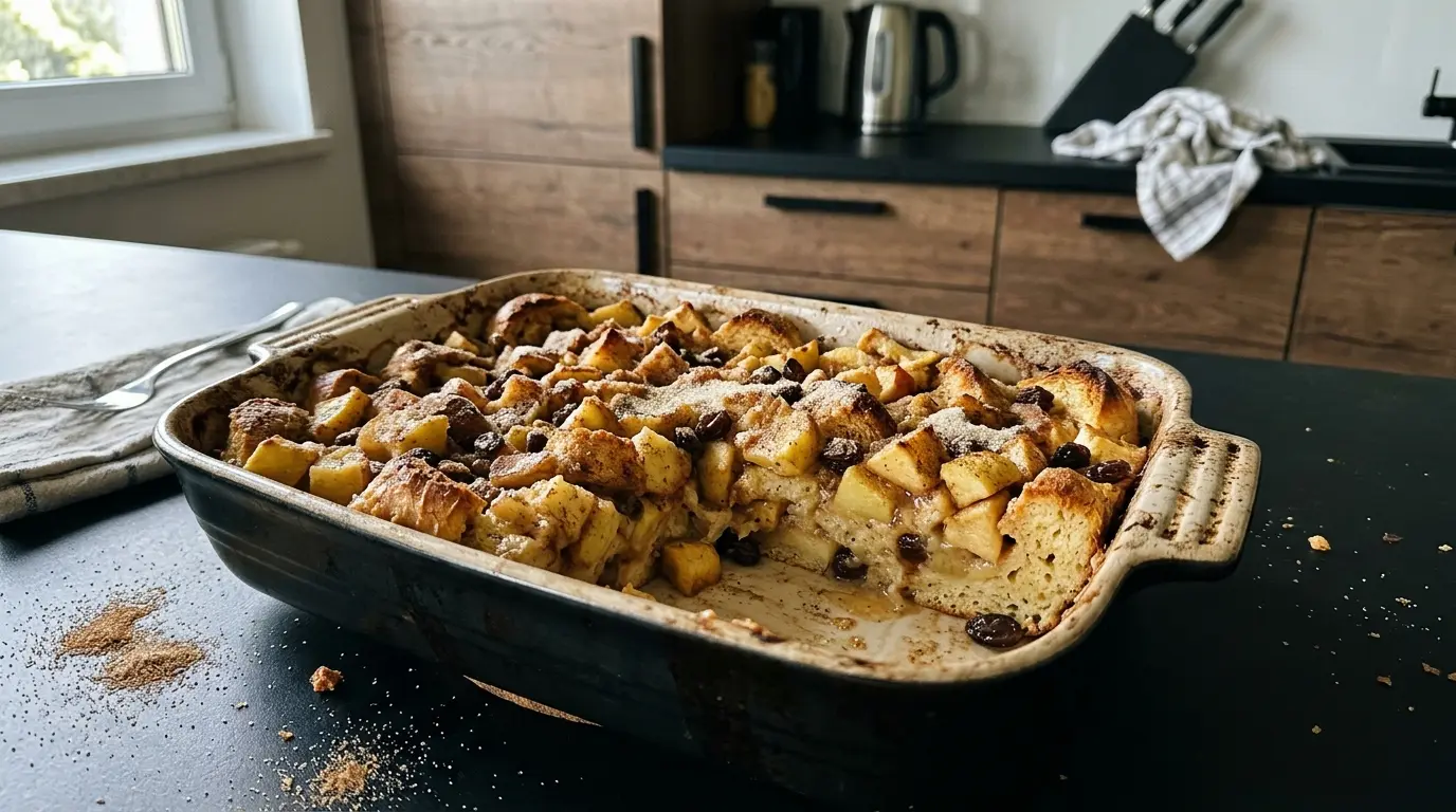 Słodka zapiekanka z bułką, jabłkami i rodzynkami