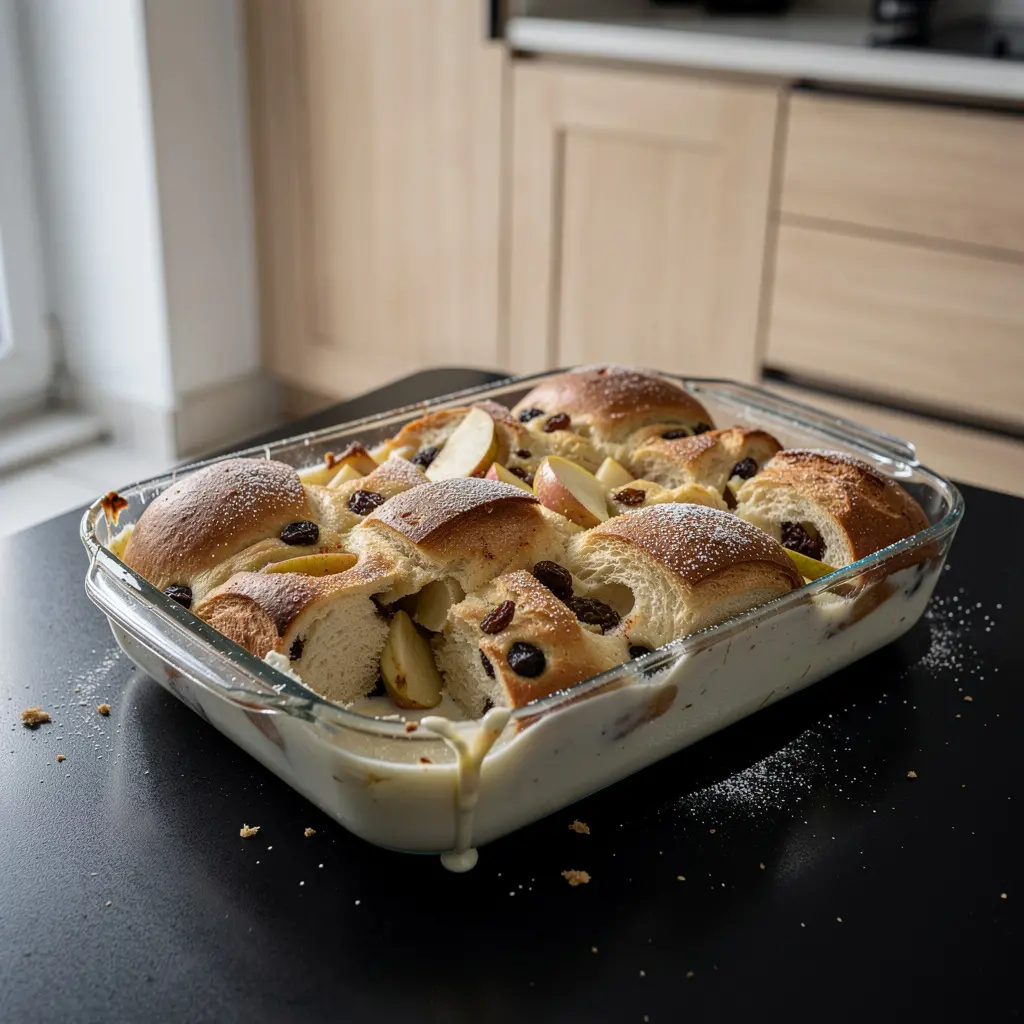 Słodka zapiekanka z bułką, jabłkami i rodzynkami