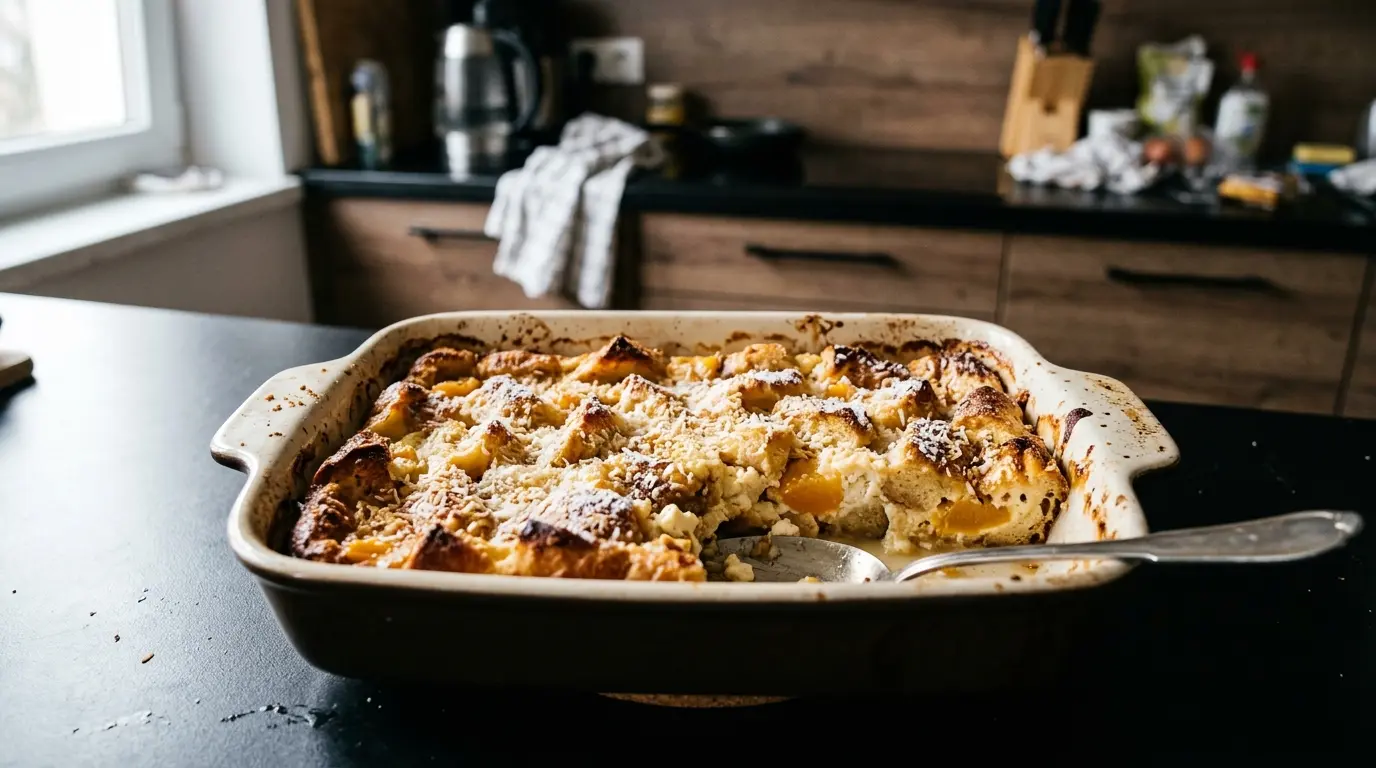 Słodka zapiekanka z bułką, twarogiem i brzoskwiniami