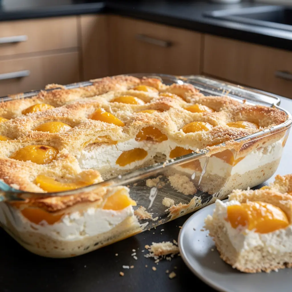Słodka zapiekanka z bułką, twarogiem i brzoskwiniami