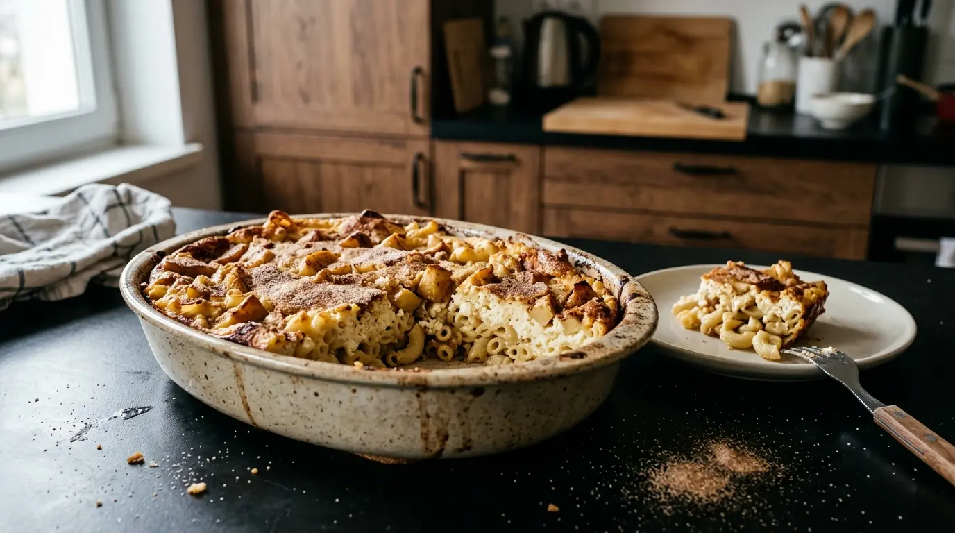 Gratin sucré de pâtes au fromage blanc et aux pommes