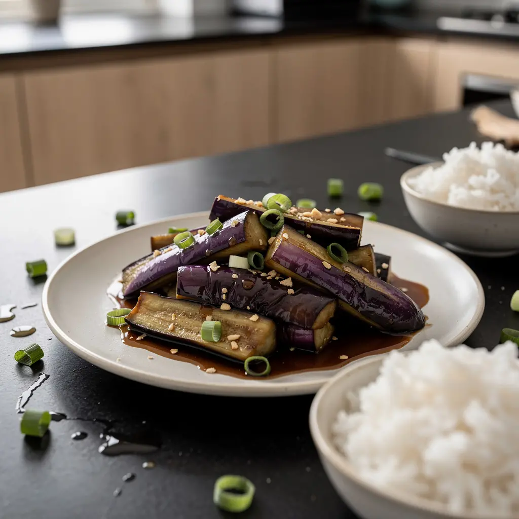 Smażone bakłażany po chińsku w miodowo-sojowym sosie z czosnkiem