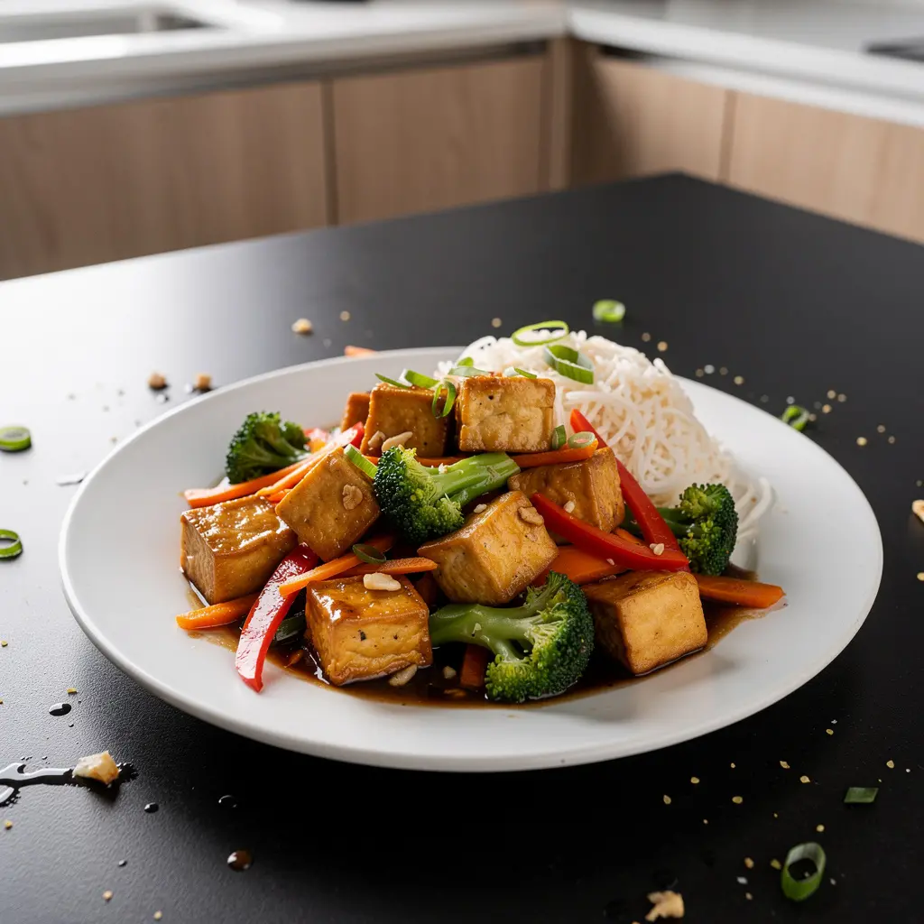 Smażone tofu po chińsku z warzywami i imbirem