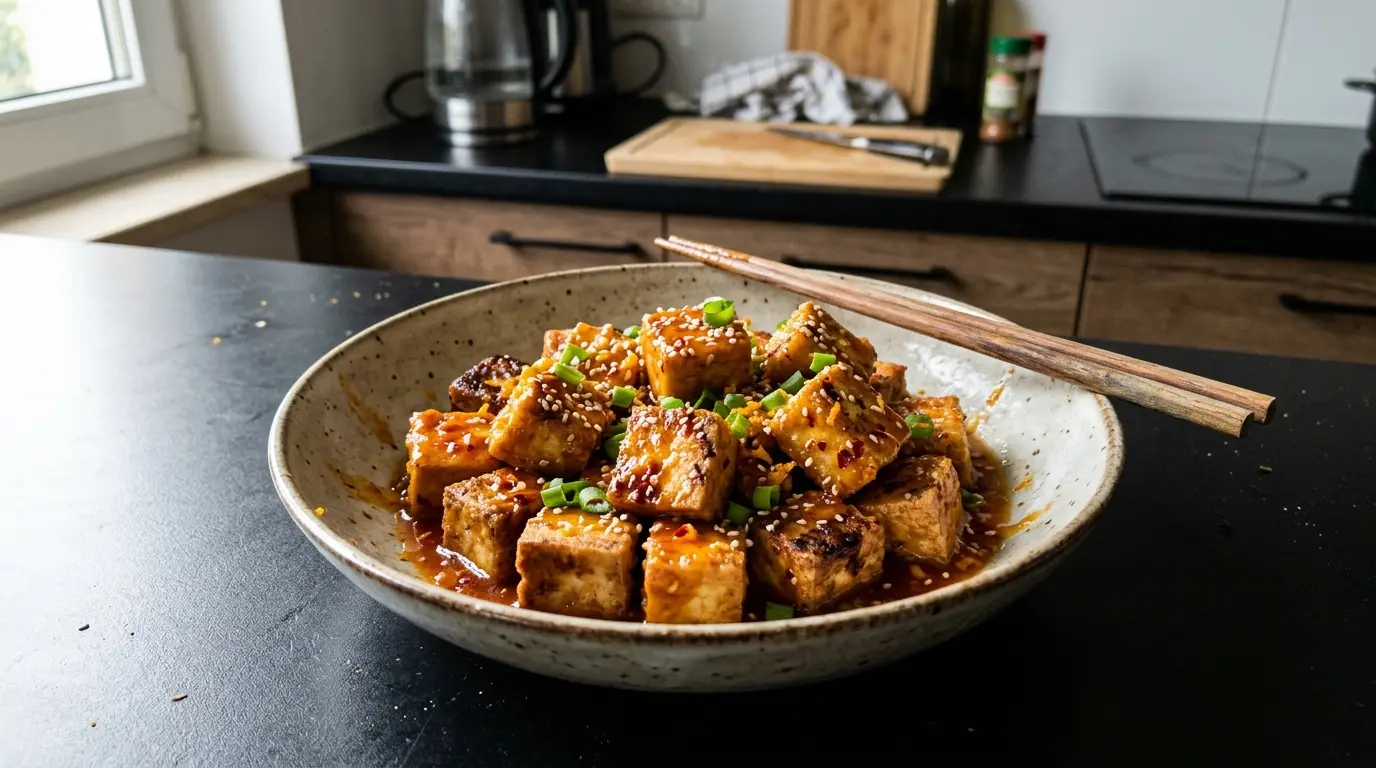 Smażone tofu w słodko-ostrym sosie pomarańczowym po chińsku