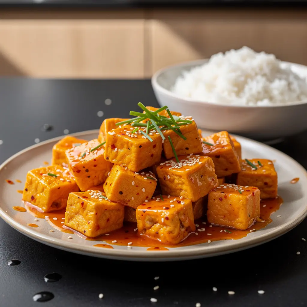 Smażone tofu w słodko-ostrym sosie pomarańczowym po chińsku